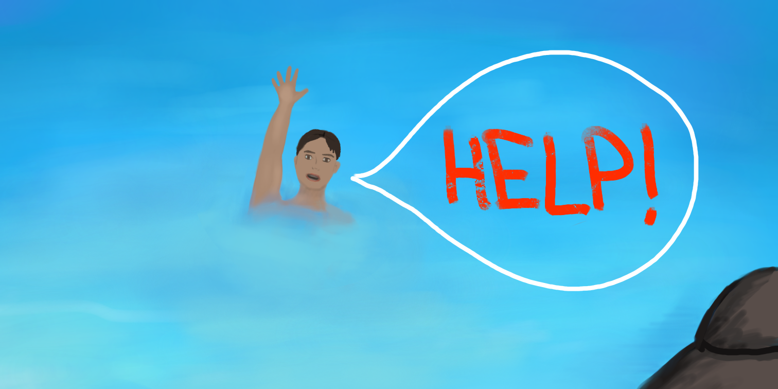 man waving for help in ocean